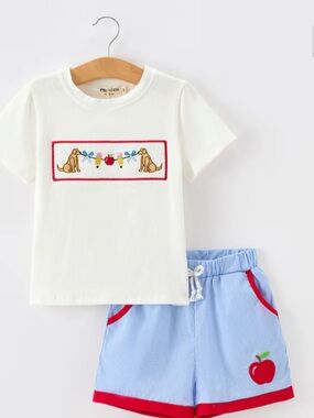 White & Light Blue Kids Matching Set with Dog Embroidery and Apple Short